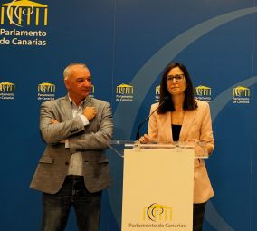 De izquierda a derecha, el portavoz del grupo parlamentario de NC-BC, Luis Campos, y la portavoz en materia de bienestar social, Natalia Santana